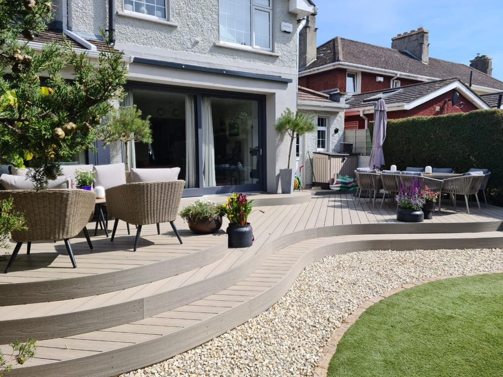 Composite decking and patio outdoor living space