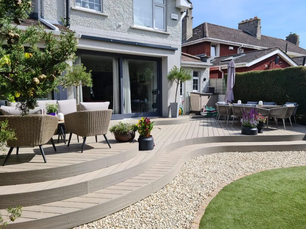 Composite decking and patio outdoor living space