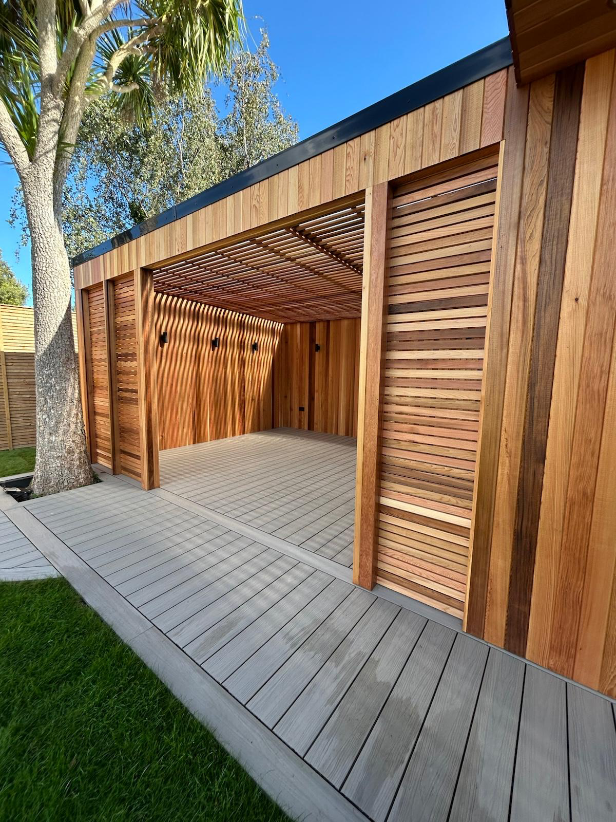 Cedar pergola structure with composite decking Dublin