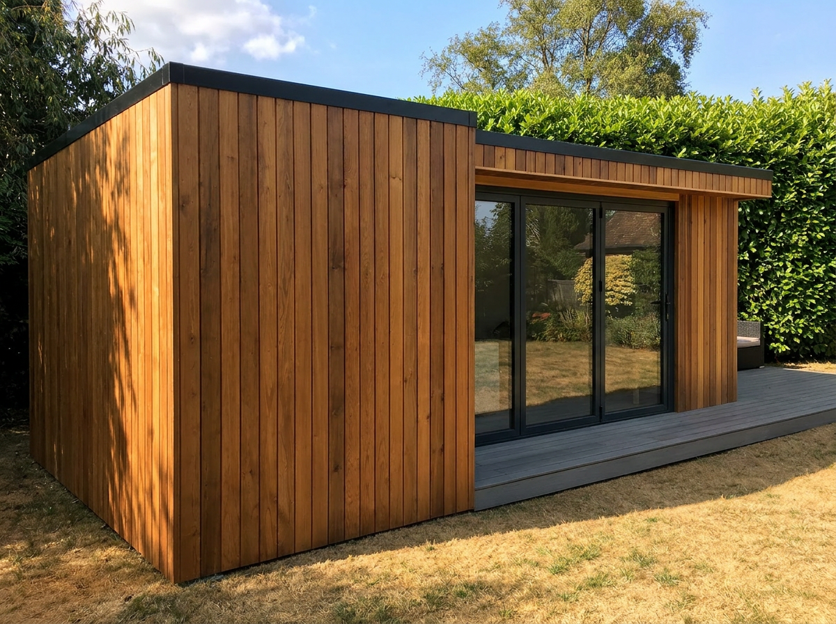 Cedar-clad garden room with anthracite sliding doors and composite decking — side angle