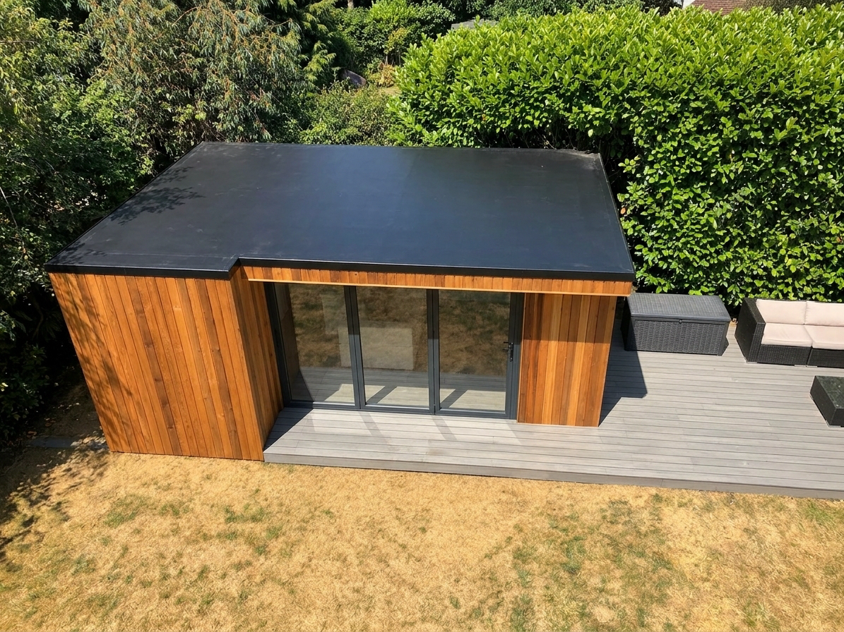 Cedar garden room with flat EPDM roof and composite decking — aerial angle