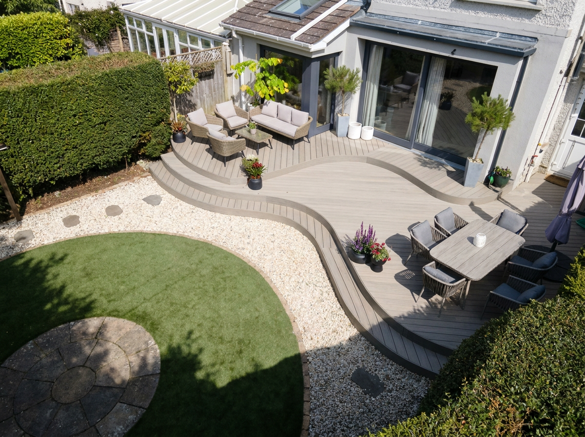 Aerial view of curved composite decking with lounge and dining areas, circular lawn and gravel