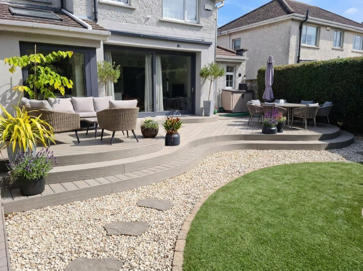Ground level view of curved composite decking with seating, gravel surround and circular lawn