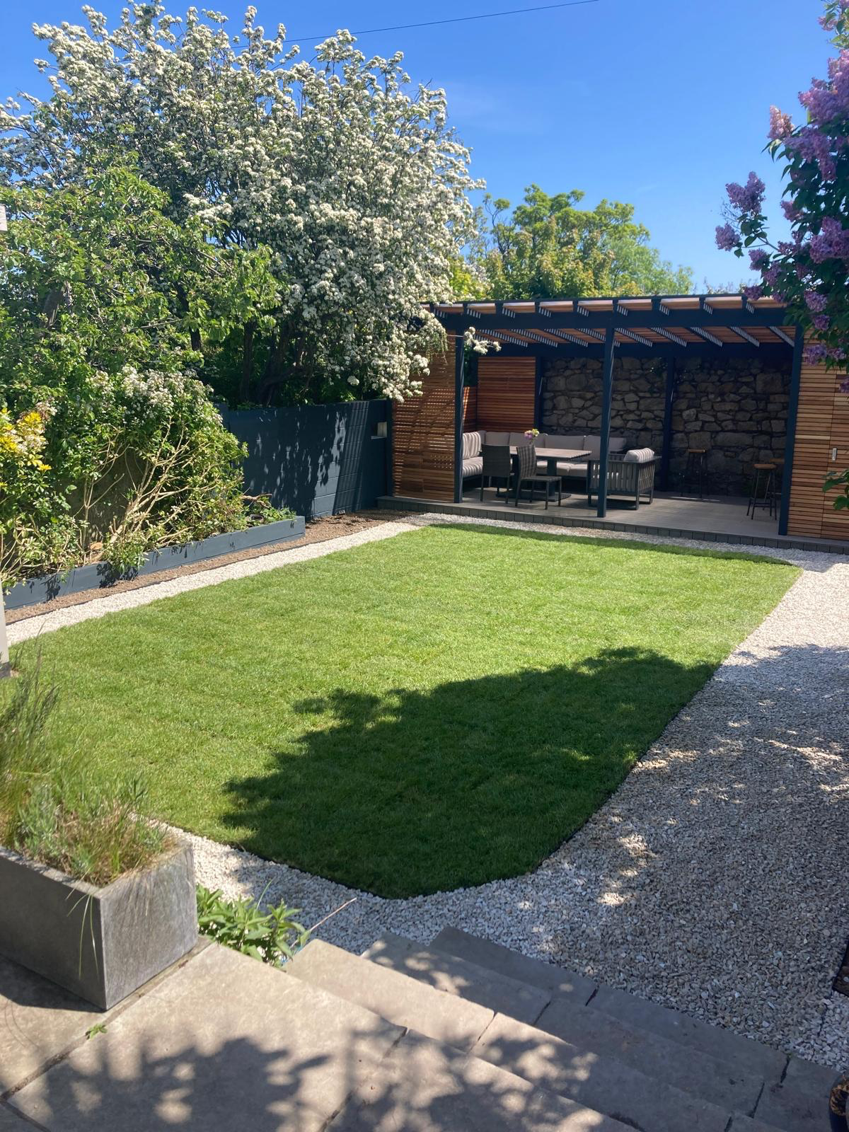 Full garden view with pergola at end — spring, Co. Dublin