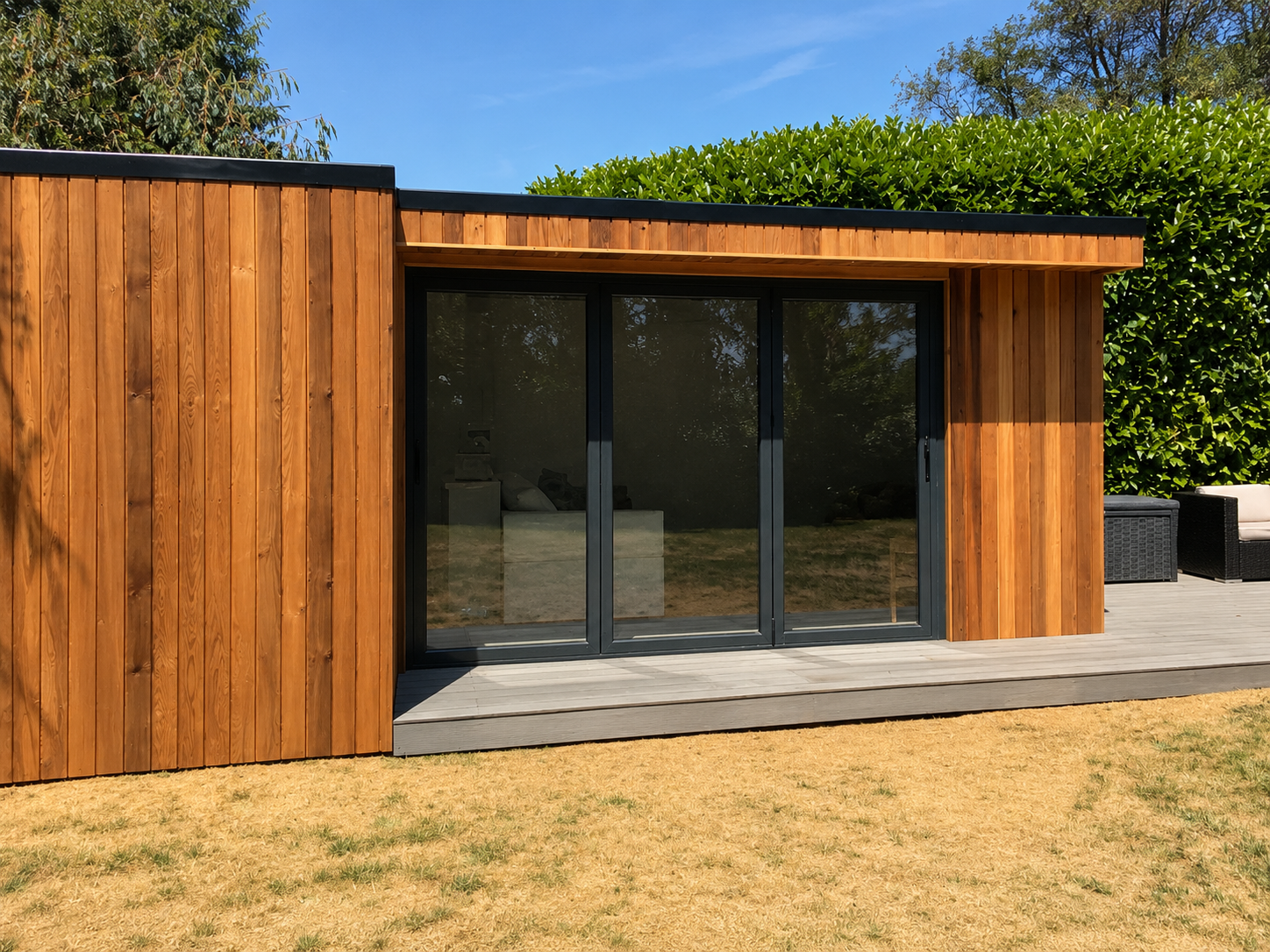 Cedar garden room with bifold doors and composite decking