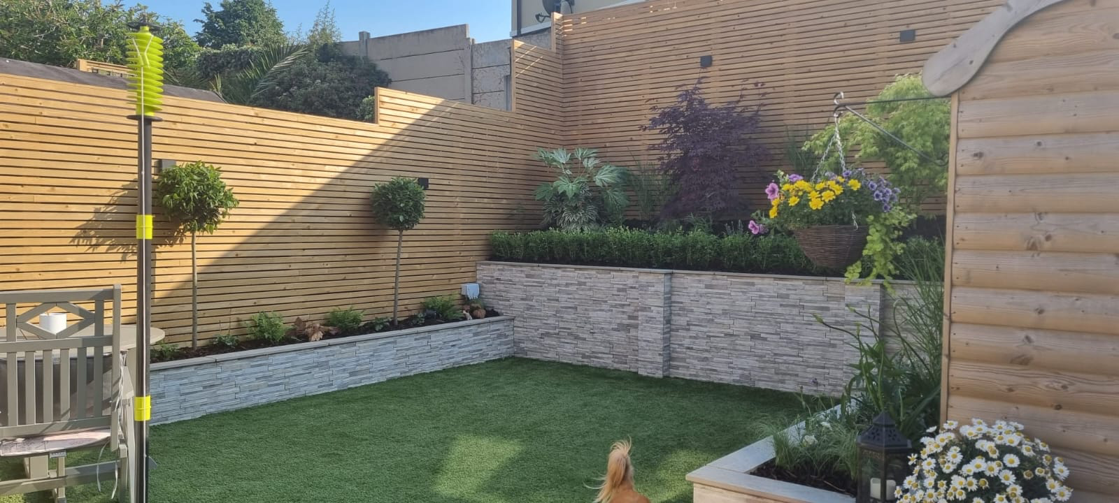 Cedar fencing with artificial grass and garden room Dublin