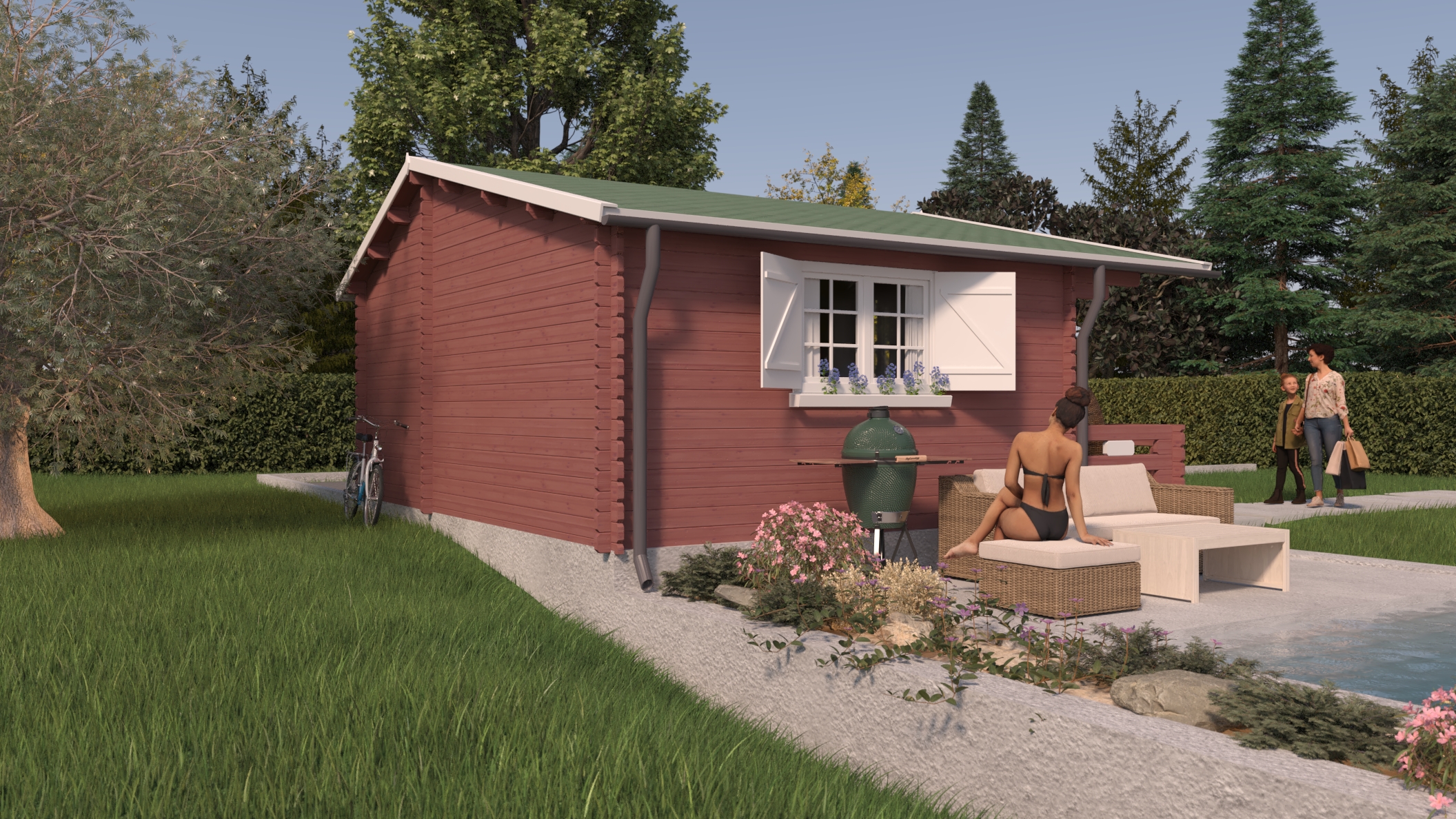 Red log cabin with garden seating Kildare