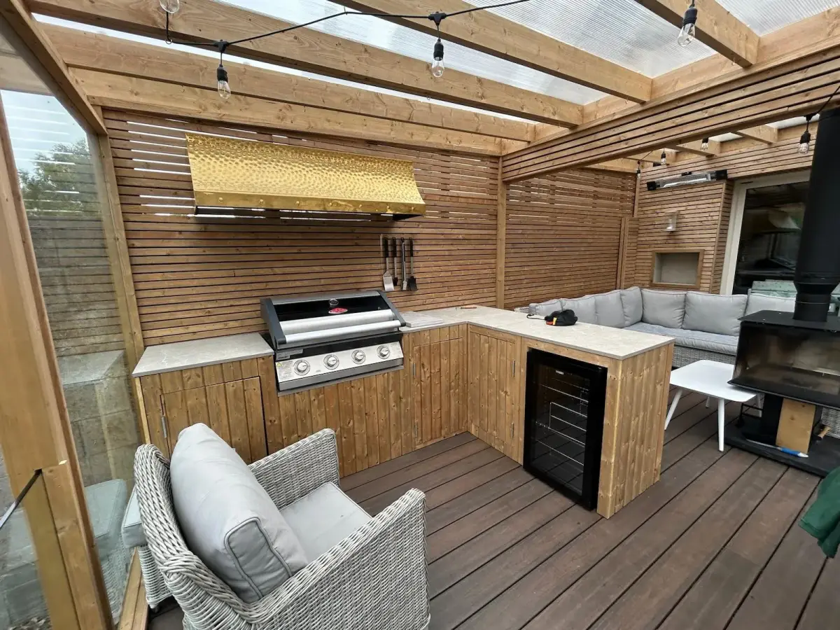 Timber pergola with polycarbonate roof and outdoor kitchen Dublin