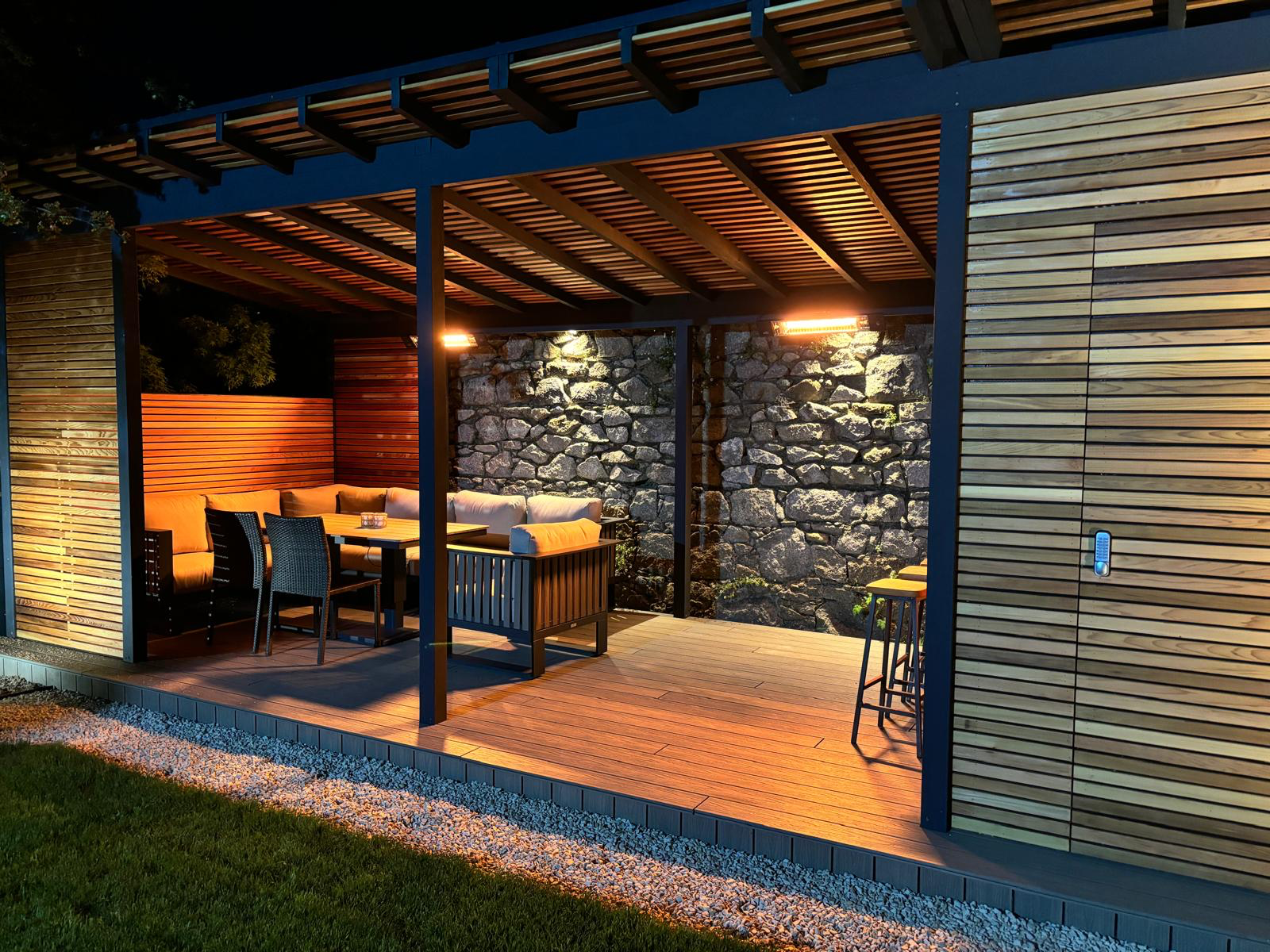 Evening pergola with infrared heating and cedar screening Dublin